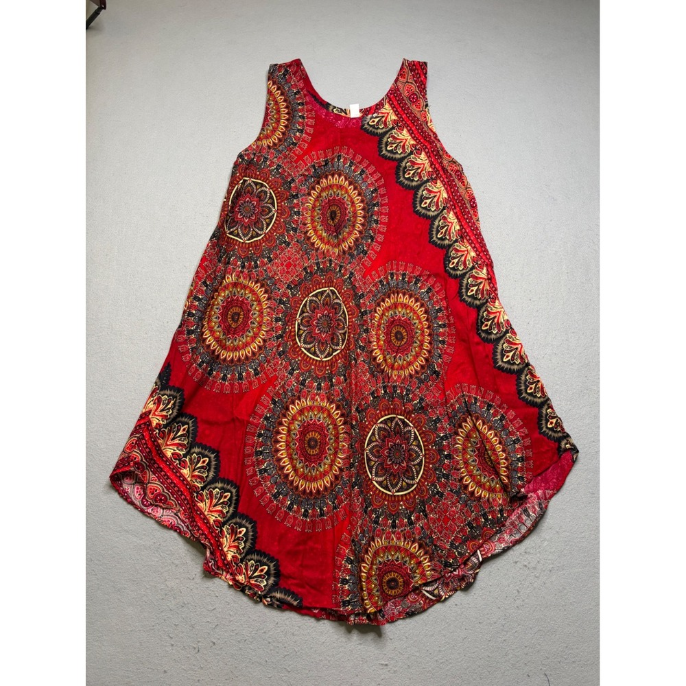 Unbranded Mandala Print Dress Womens OS Red Boho Sleeveless Rayon A-Line Midi‎